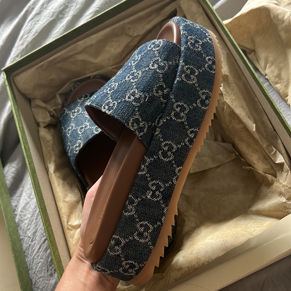 Gucci Blue Monogram Denim Slide Sandals - Picture 6 of 7